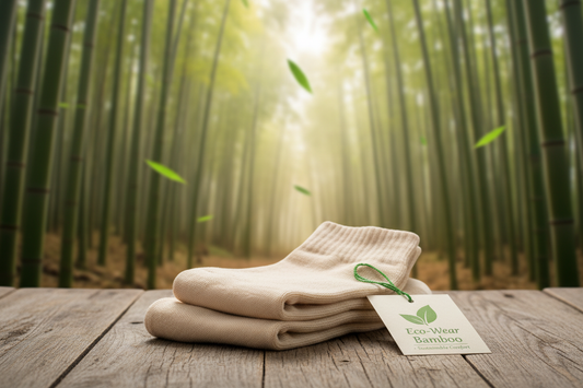 Soft bamboo socks on a wooden table in a lush bamboo forest, highlighting bamboo socks benefits for eco-friendly comfort