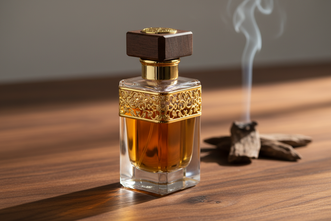 Elegant bottle of luxury oud perfumes with sustainable wood accents and natural incense for mindful shoppers